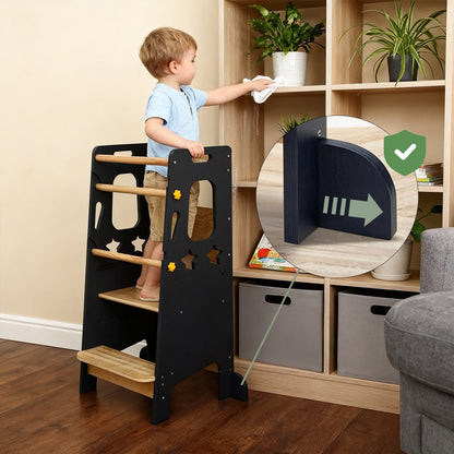 Montessori Lernturm in Weiß und Naturholz in der Gesamtansicht