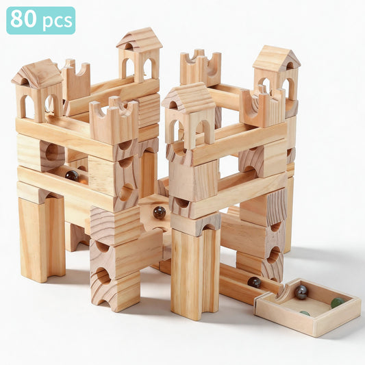 Montessori Murmelbahn aus Kiefernholz mit 80 Teilen als freie 3D-Konstruktion