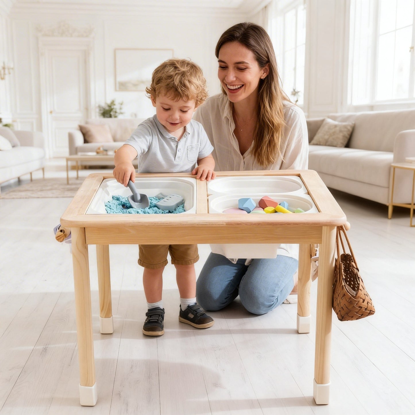 Montessori Sensory Table aus Holz 2-fach höhenverstellbar mit Innenwannen und Tischabdeckung
