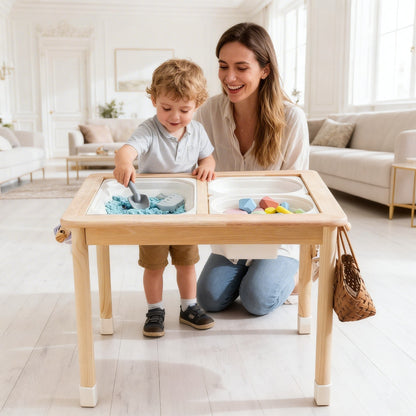 Montessori Sensory Table aus Holz 2-fach höhenverstellbar mit Innenwannen und Tischabdeckung