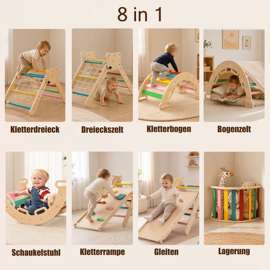 8-in-1 kids climbing playset with ramp slide arch and rocking features