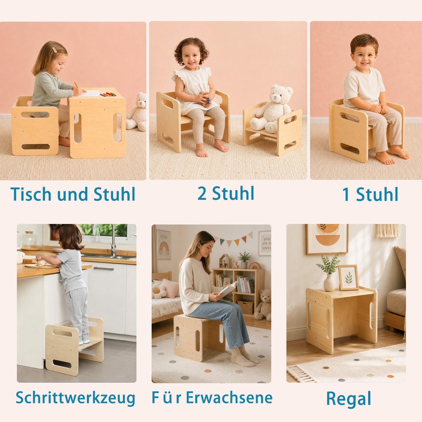Table Montessori 3-en-1 pour enfants avec chaise en bambou