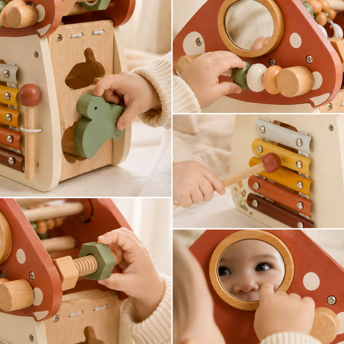 Montessori Motorikspielzeug mit Steckspiel, Spiegel, Xylophon und Drehelementen