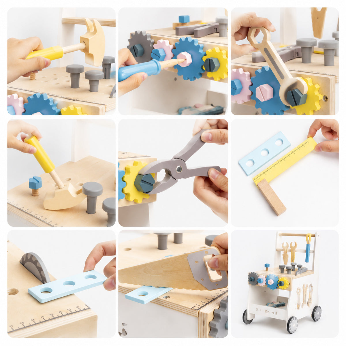 Montessori wooden baby walker with workbench & tools