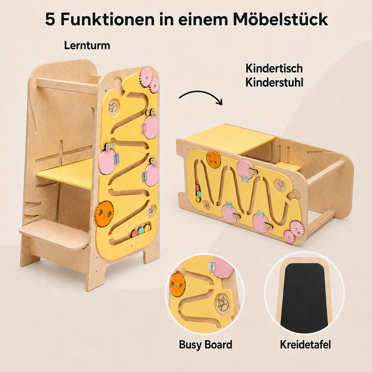5-in-1 Lernturm als Kindertisch, Kinderstuhl, Busy Board und Kreidetafel