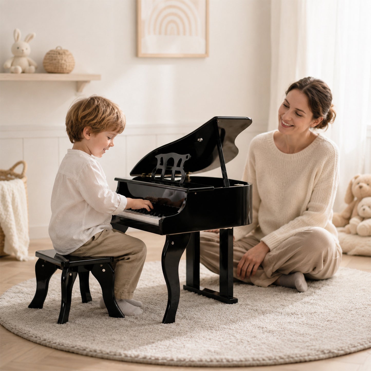 Junge spielt auf einem schwarzen Kinderklavier mit Hocker im Kinderzimmer