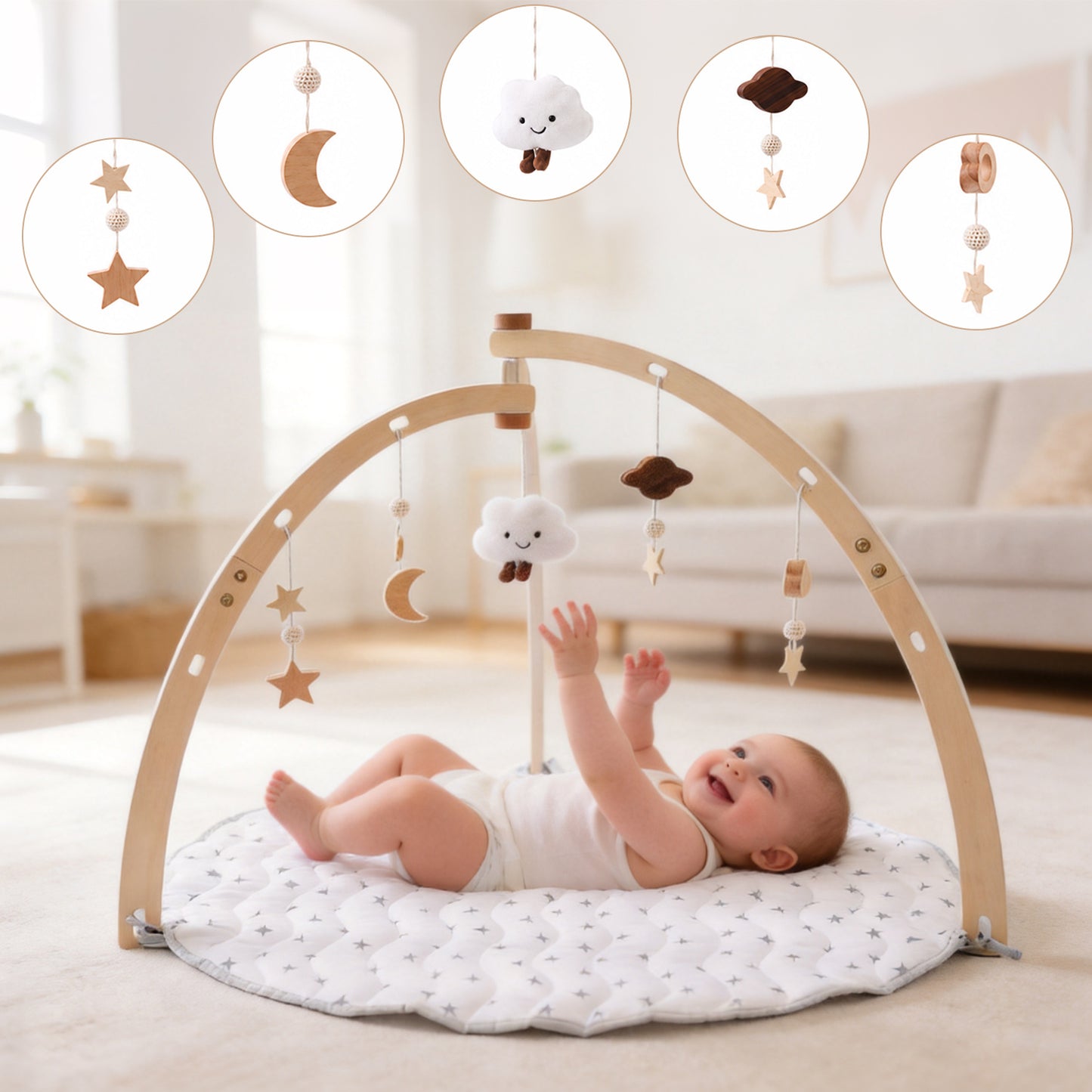 Houten Baby Gym met Speelmat – met 5 Hangers