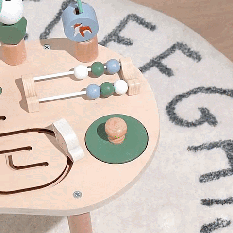 Montessori Aktivitätstisch aus Holz mit Motorikschleife, Kugelbahn und Tiermotiven