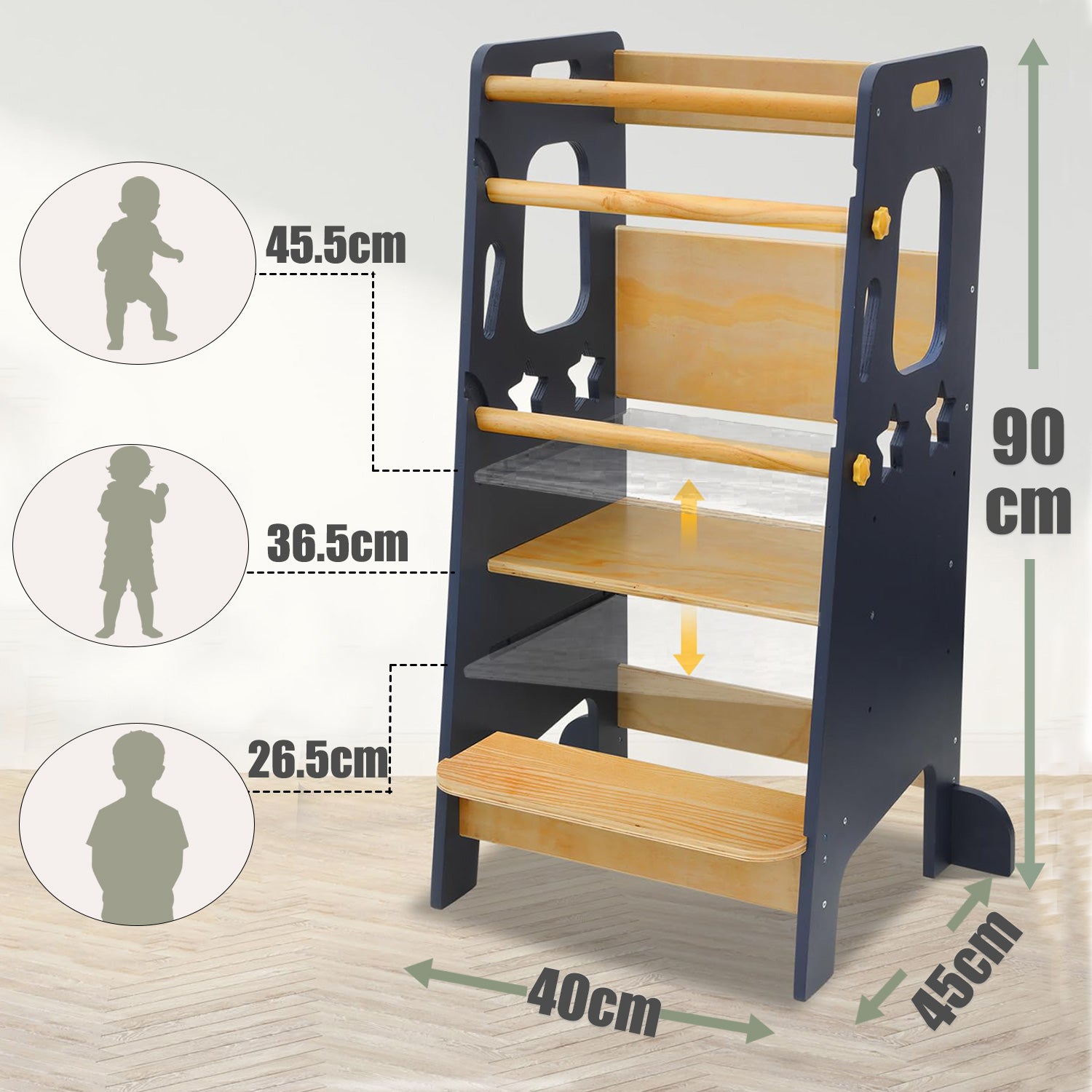 Montessori Lernturm in Marineblau und Naturholz in der Gesamtansicht