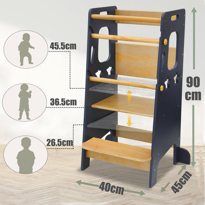 Montessori Lernturm in Marineblau und Naturholz in der Gesamtansicht