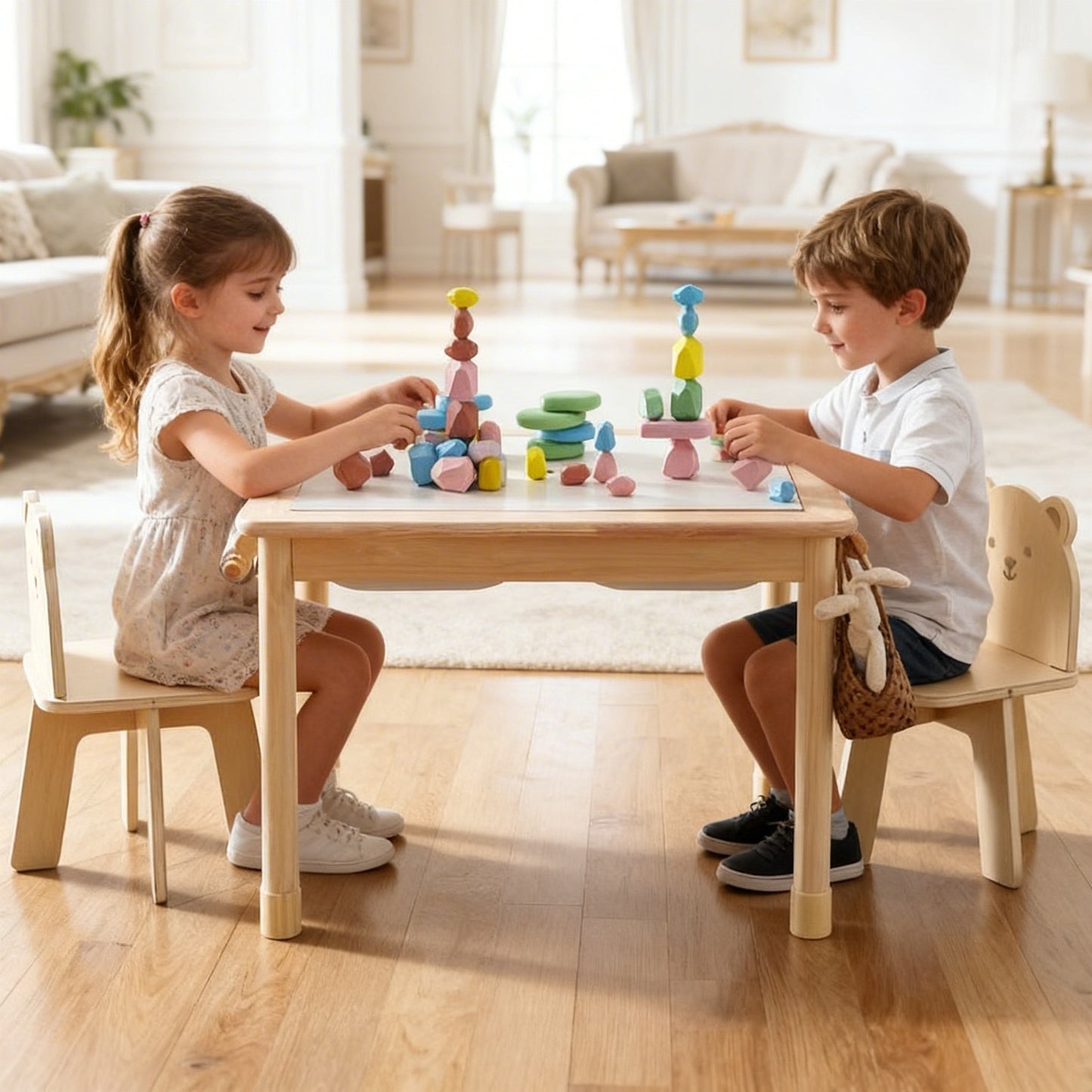 Montessori Kindertisch aus Holz mit Papierrollenhalter zum Malen und Basteln