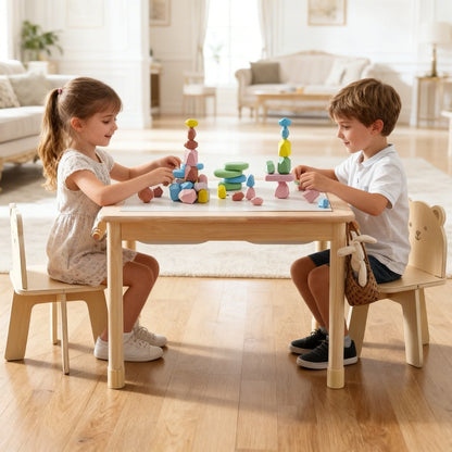 Montessori Kindertisch aus Holz mit Papierrollenhalter zum Malen und Basteln