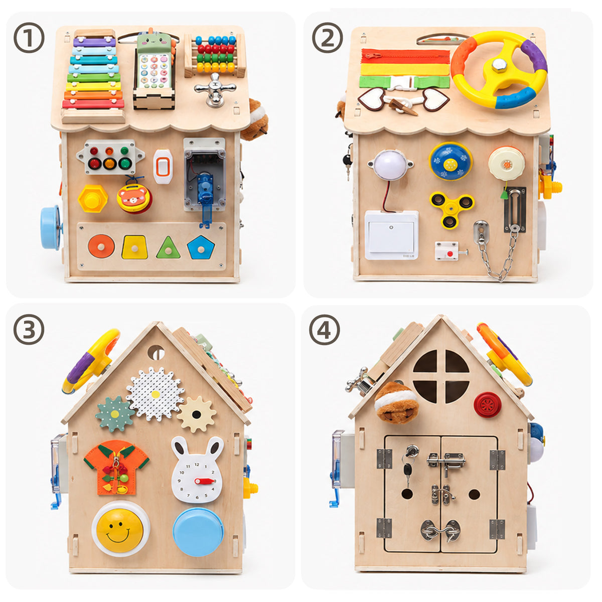 Four-sided wooden Busy House showing different activities for fine motor skills development