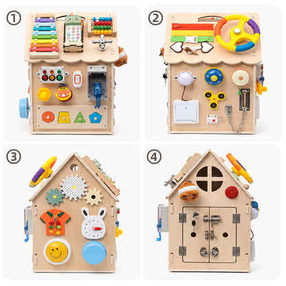 Four-sided wooden Busy House showing different activities for fine motor skills development
