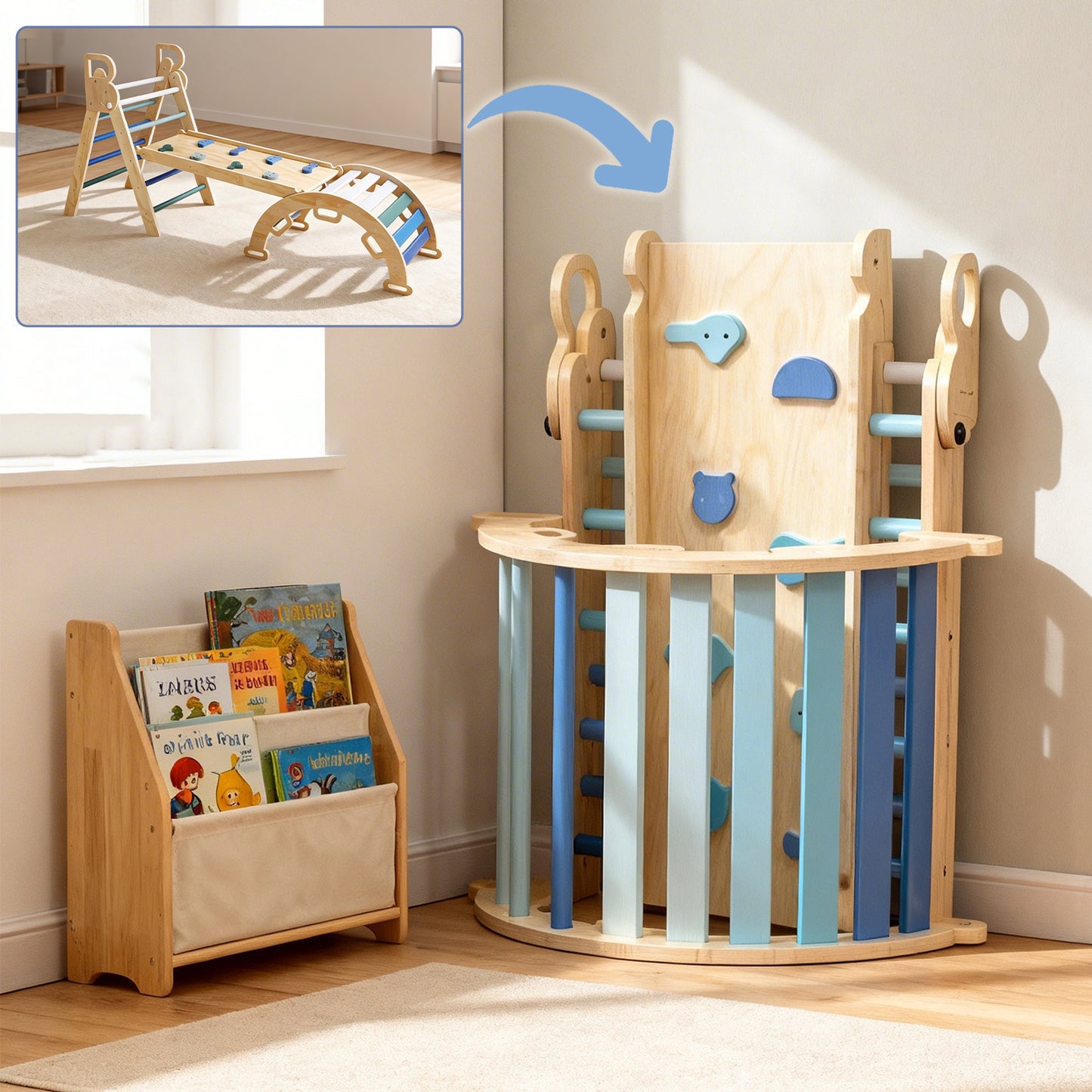 Montessori Klimset Hout – Opvouwbare Driehoek & Booghelling