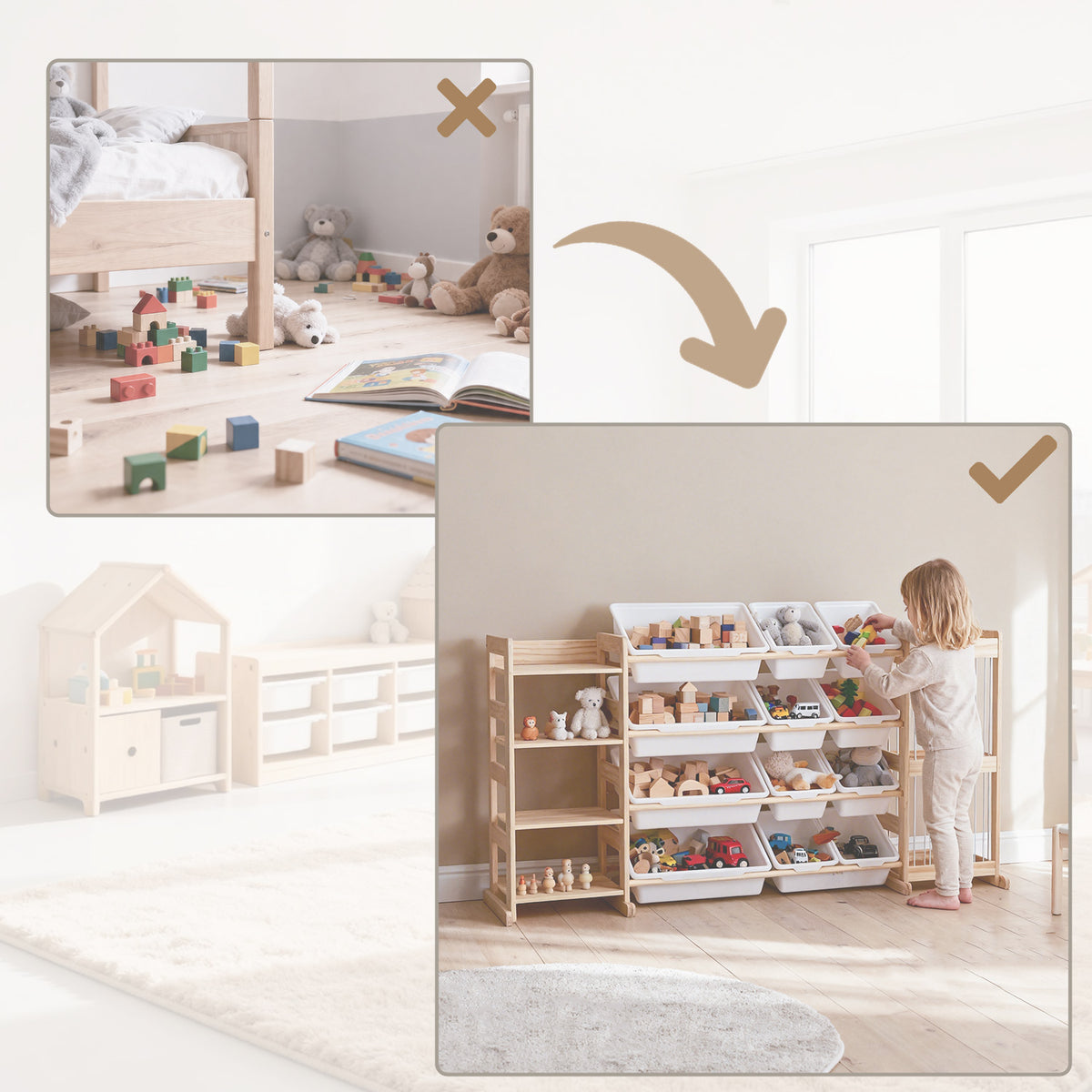 Montessori Spielzeugregal mit Boxen, Bücherablage & Netz