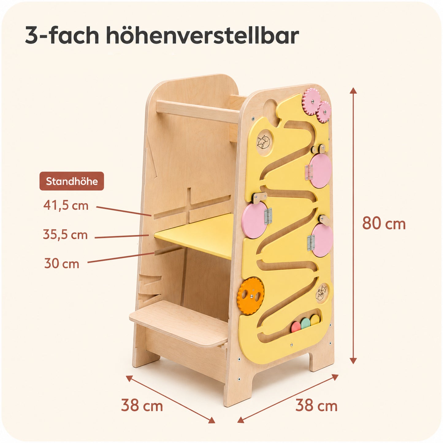 Dreifach höhenverstellbarer Lernturm mit Maßen 80 × 38 × 38 cm