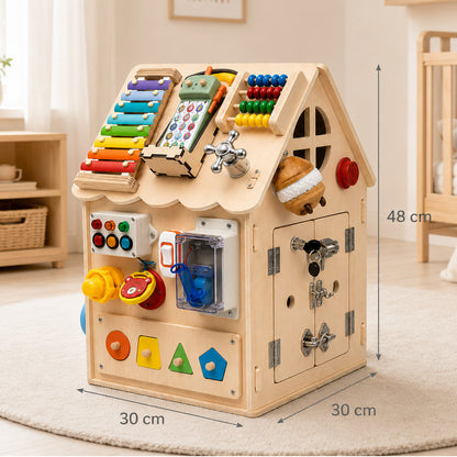 Montessori Busy House dimensions showing compact wooden activity house size