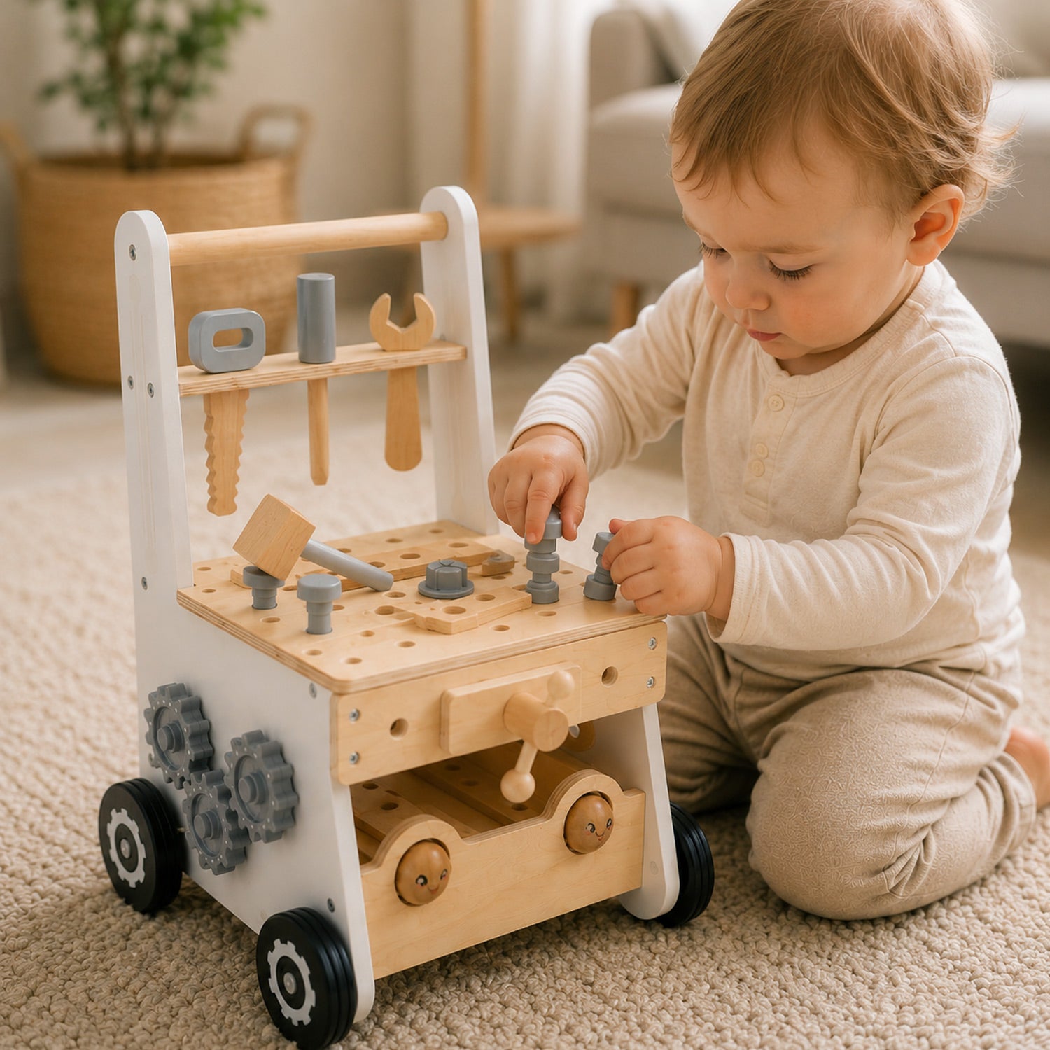 Kind spielt mit Holz Werkzeugbank und Montessori Lauflernwagen