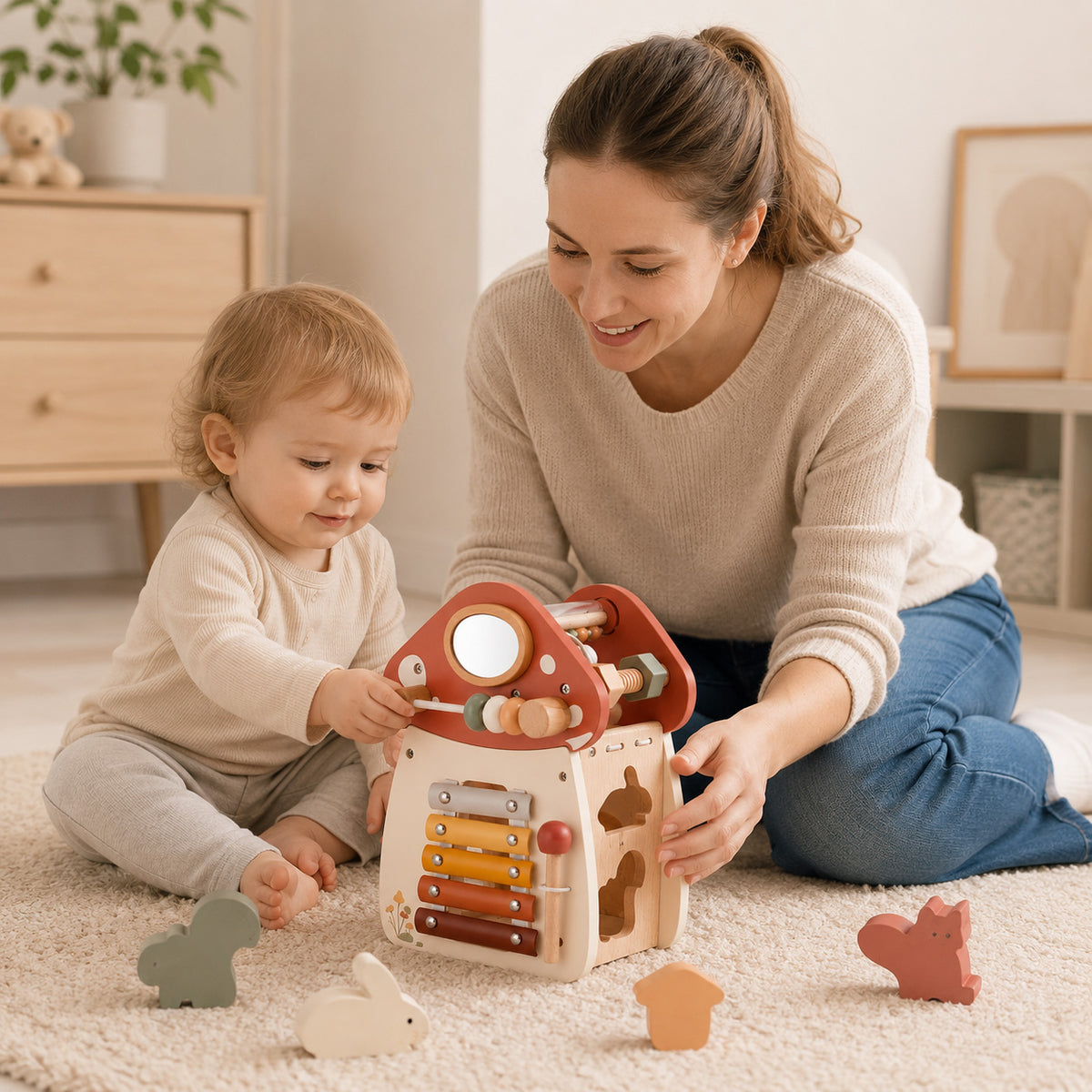 Mutter und Kind entdecken gemeinsam ein Montessori Aktivitätshaus aus Holz
