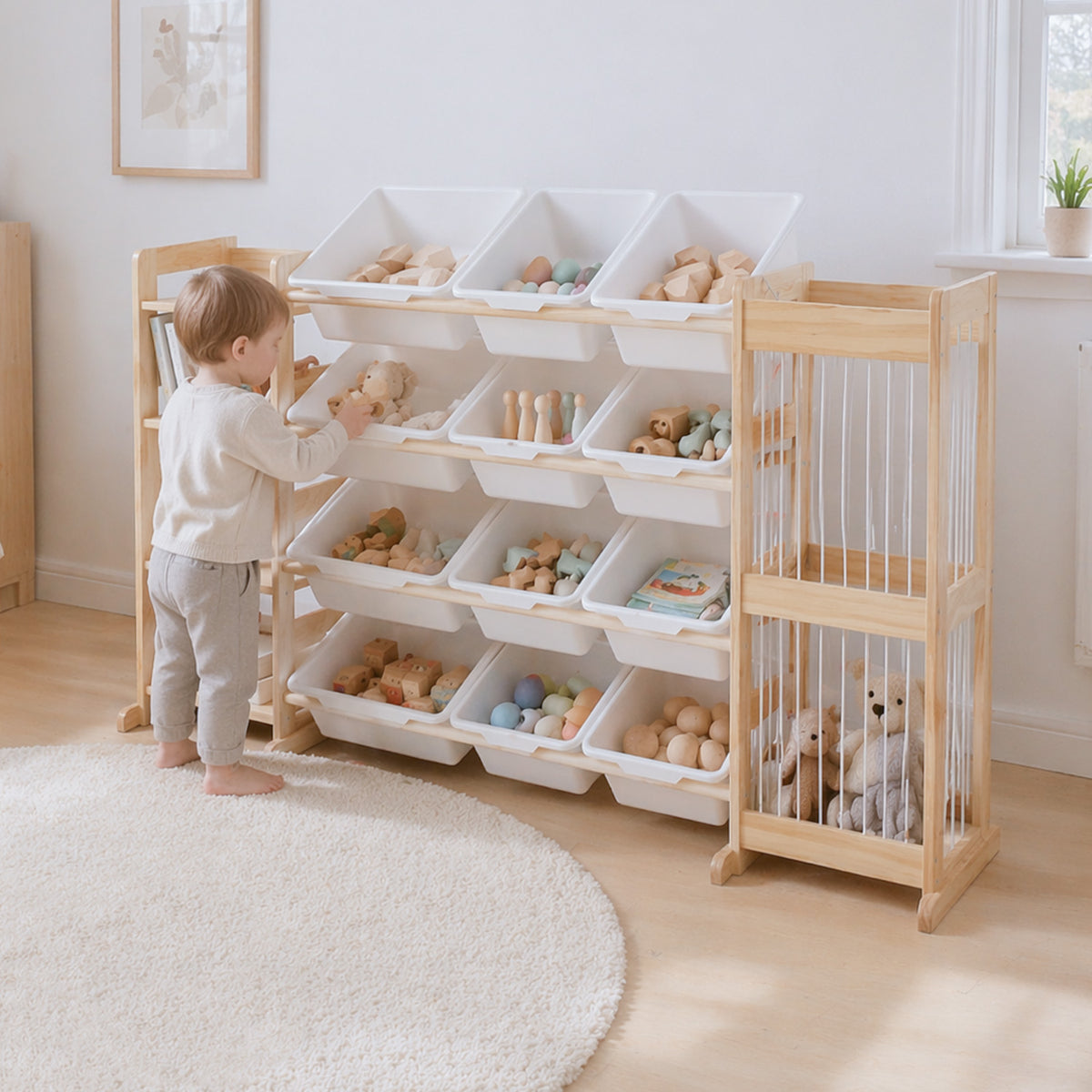 Montessori Spielzeugregal mit Boxen, Bücherablage & Netz