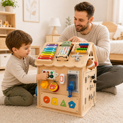 Parent and child playing together with a wooden Montessori activity house