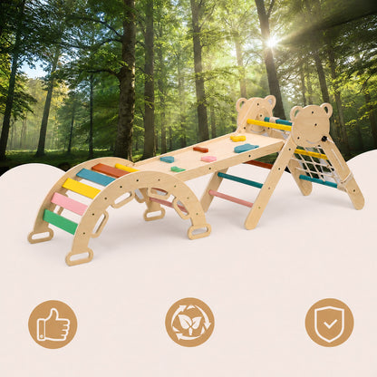 Child safe wooden climbing gym with smooth edges and durable construction