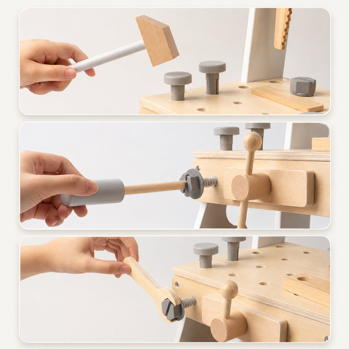 Motorikspielzeug aus Holz mit Zahnrädern und Steckelementen
