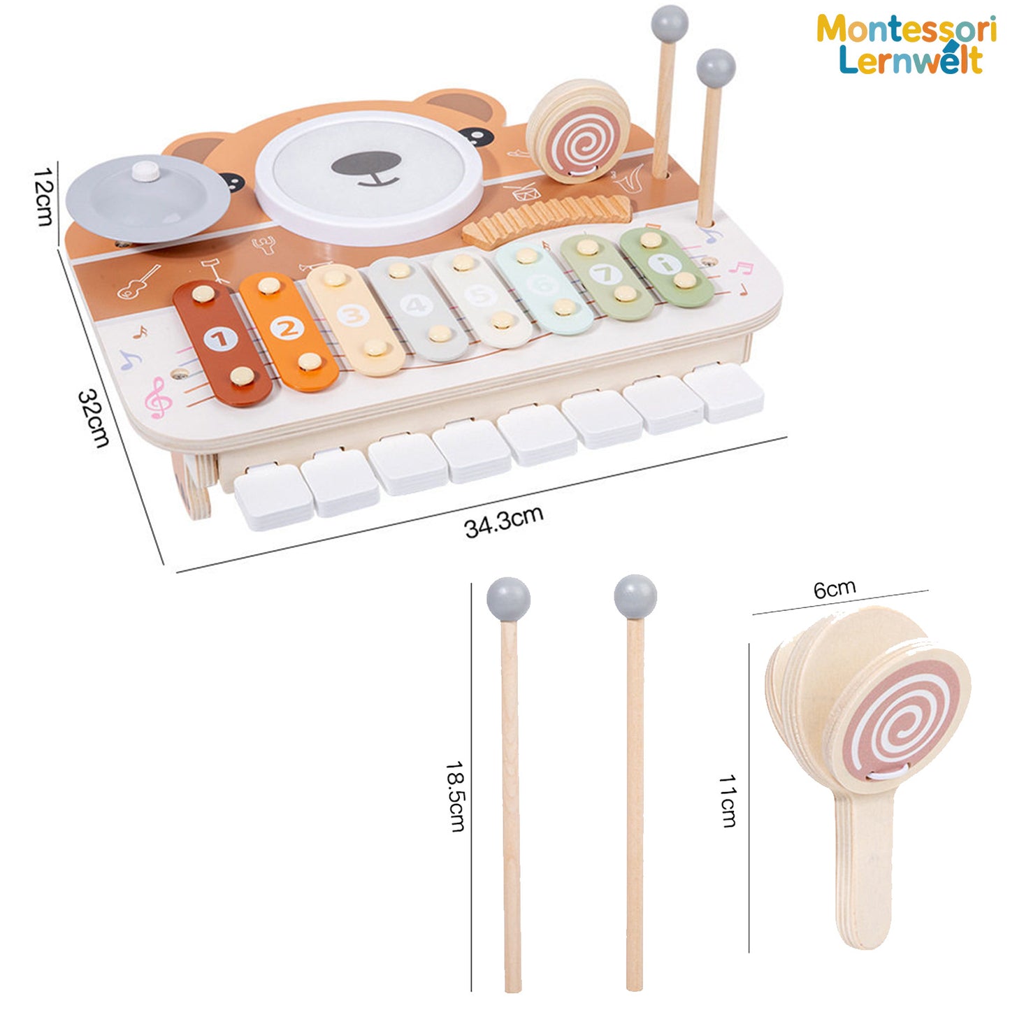 Kastagnetten und Schlägel des Montessori Musikspielzeugs im Detail