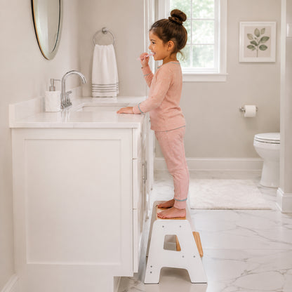 Child using a bathroom step stool to brush teeth independently