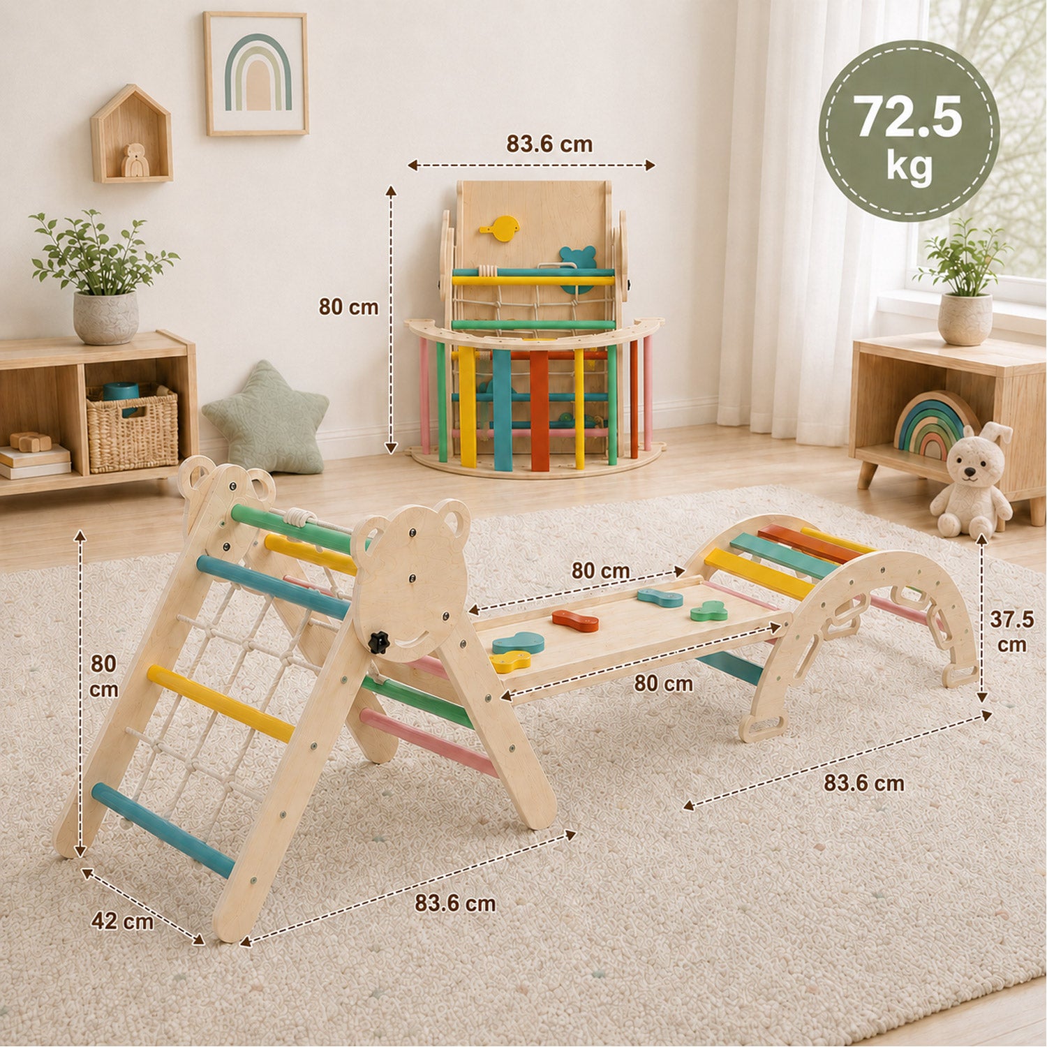 Toddler playing with Montessori wooden climbing gym indoors