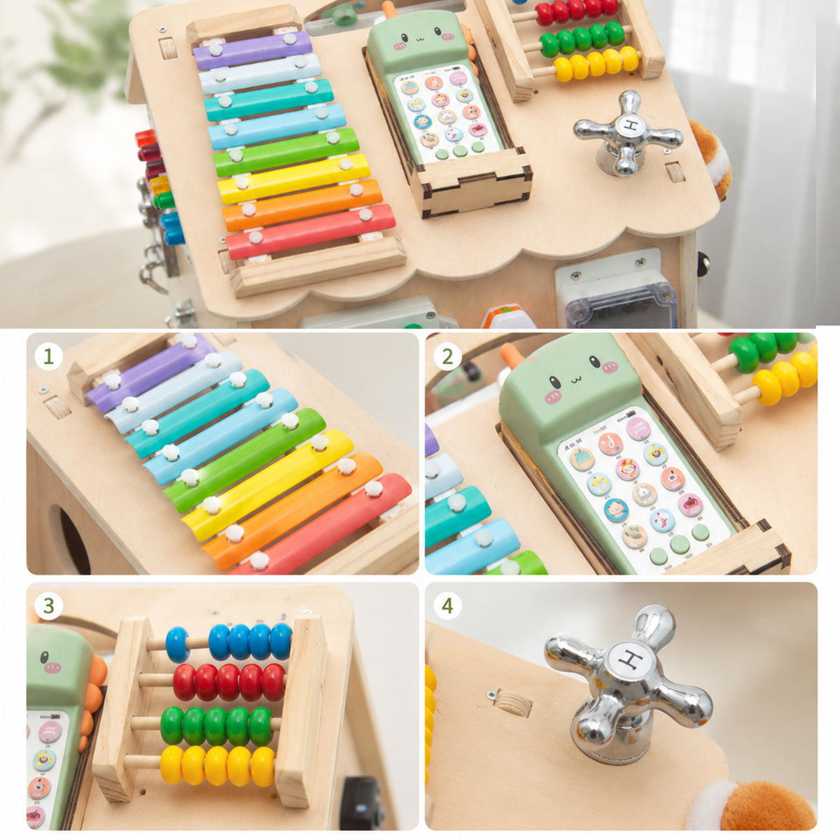 Montessori Busy House with xylophone, abacus and sensory activity elements