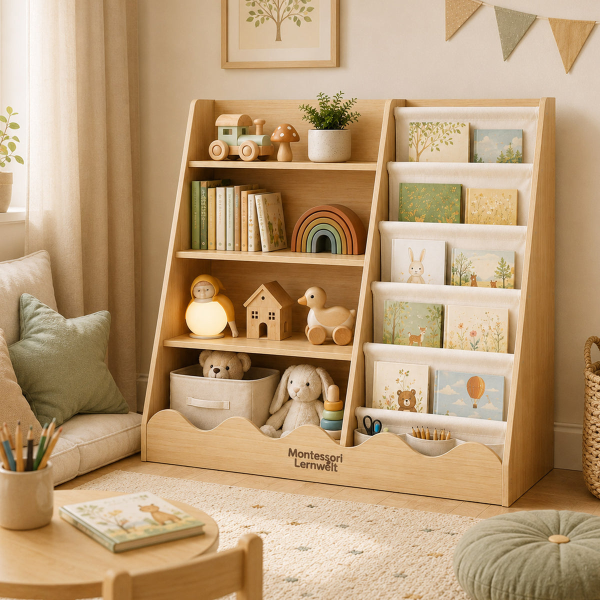 Montessori Kinderregal mit Bücherdisplay & Stauraum – Montessori Lernwelt