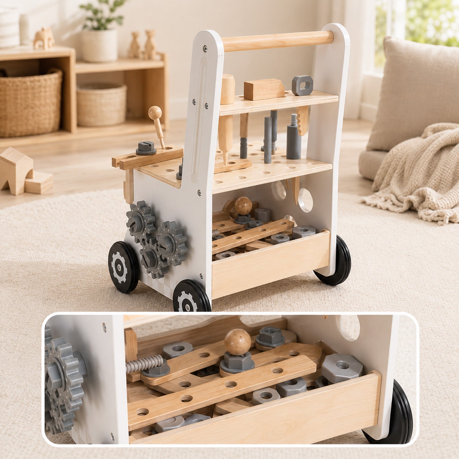 Holz Lauflernwagen mit integriertem Stauraum für Zubehör