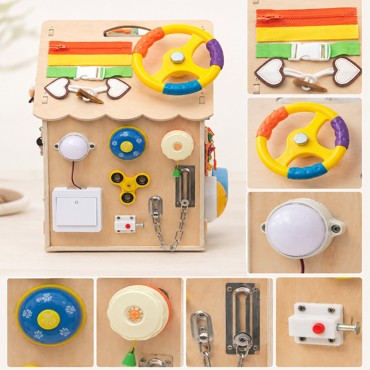 Wooden Busy Board House featuring locks, switches and fine motor activities
