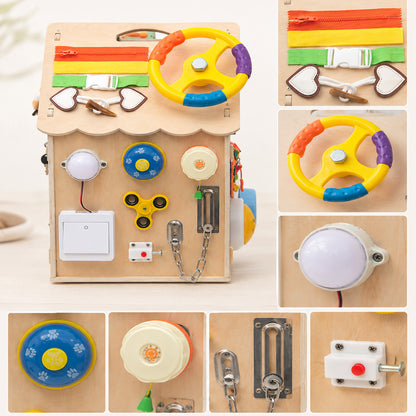 Wooden Busy Board House featuring locks, switches and fine motor activities
