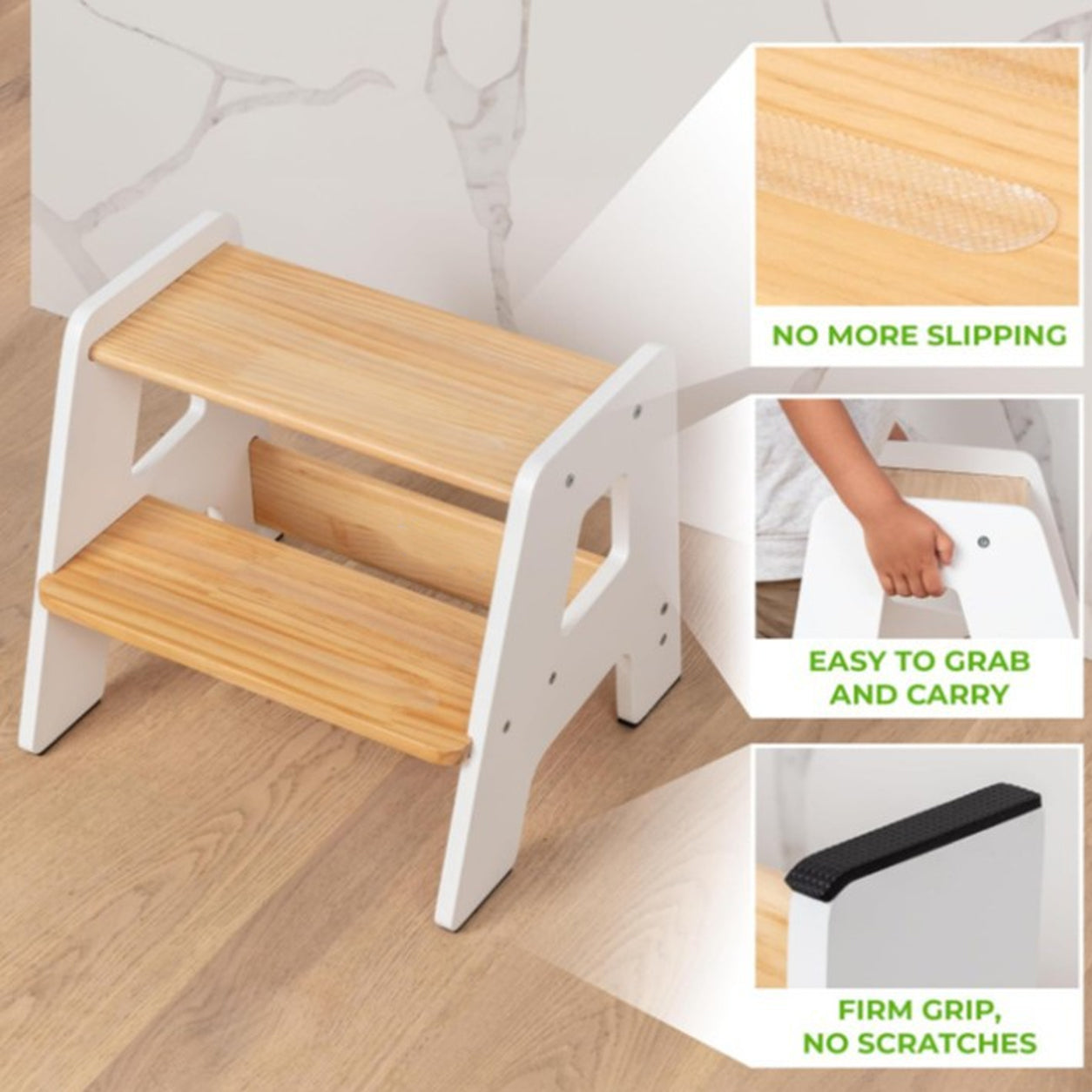Montessori step stool with non-slip steps and protective floor pads