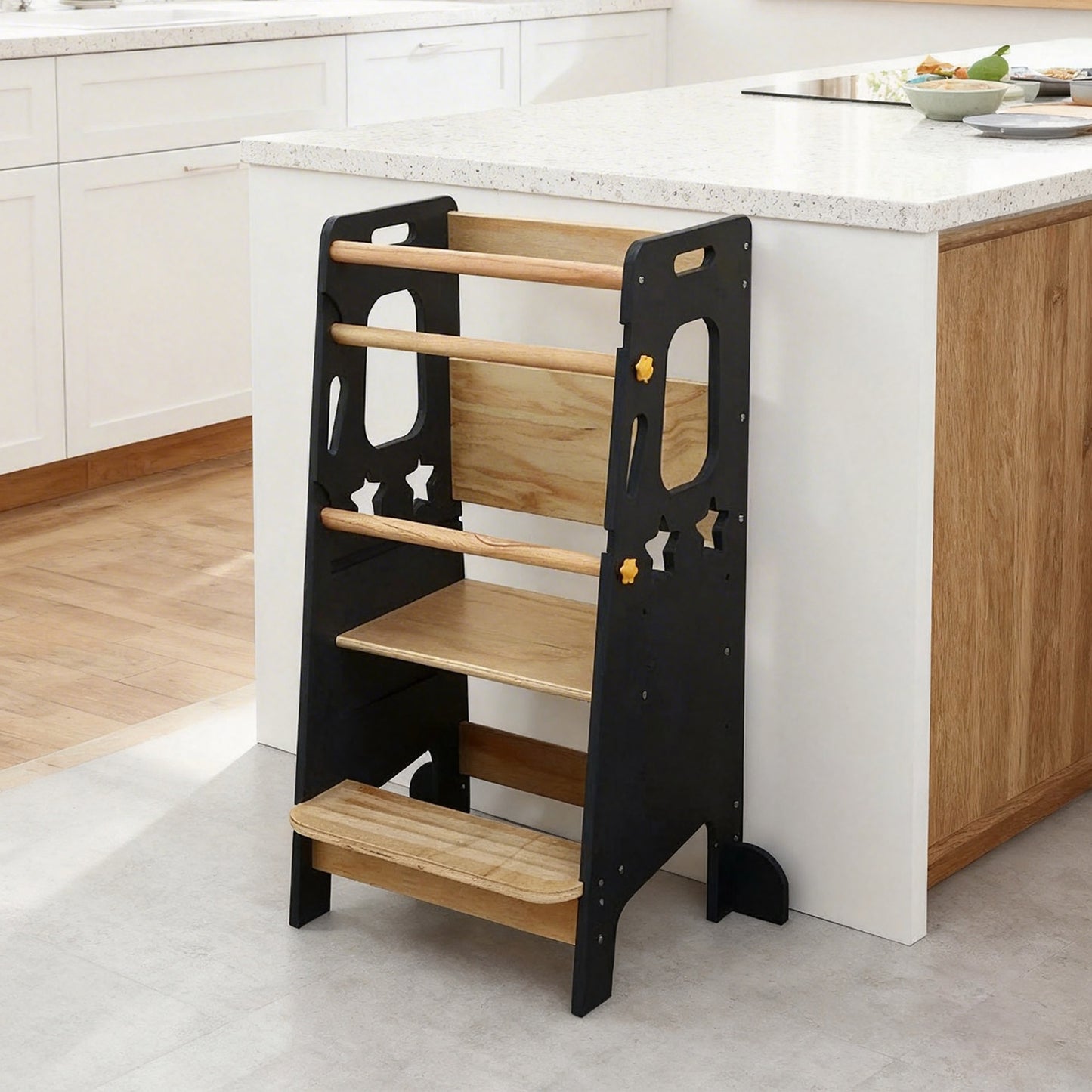 Montessori Lernturm in Marineblau mit 3-fach höhenverstellbarer Plattform