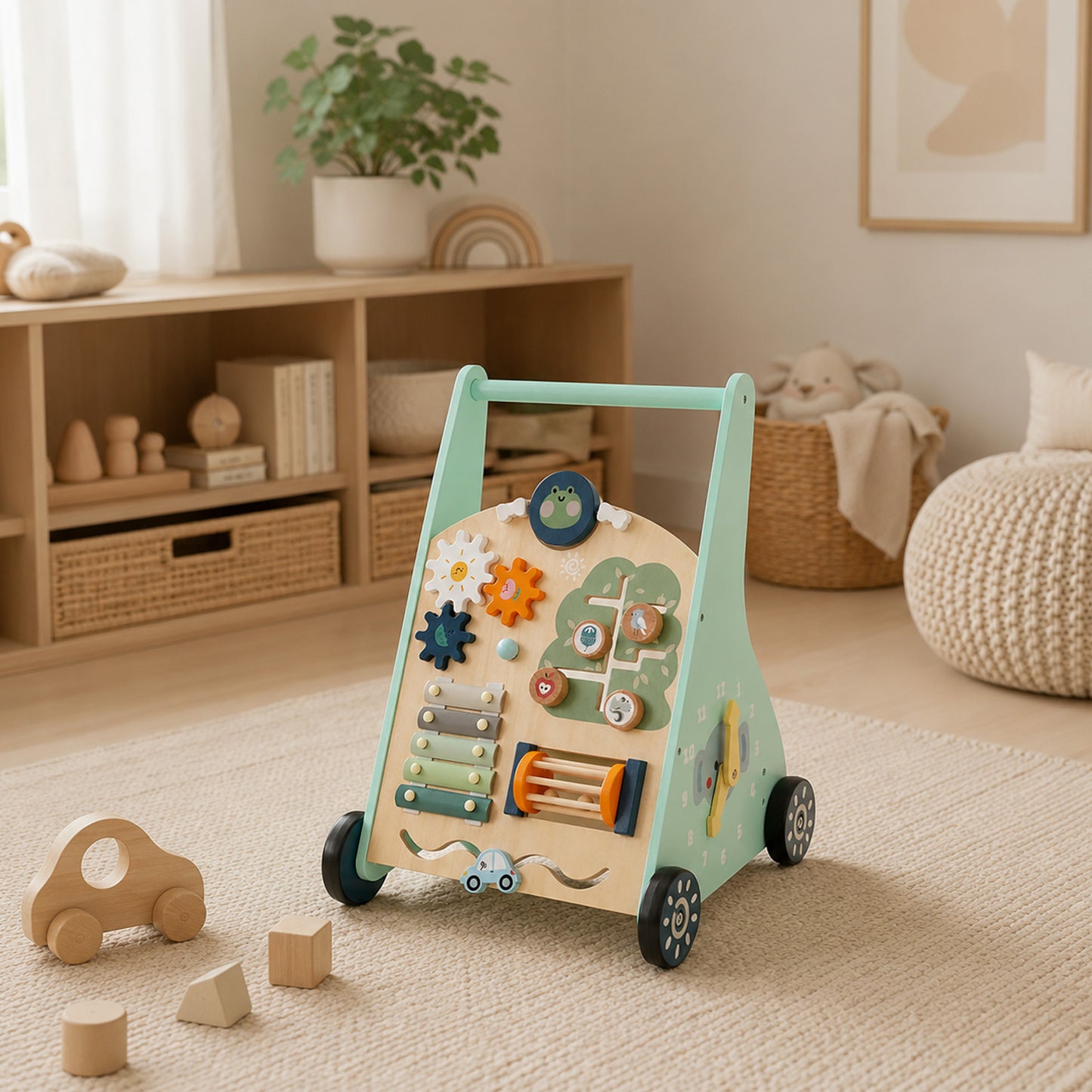 Montessori Holz Lauflernwagen im modernen Kinderzimmer