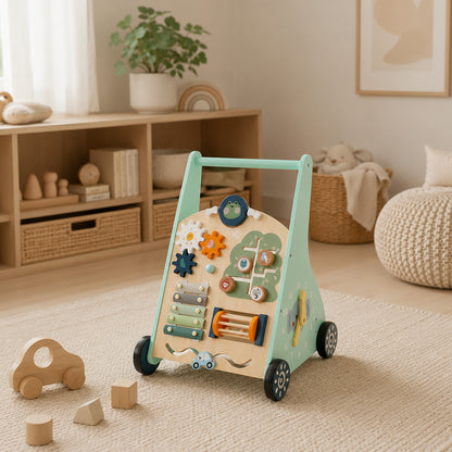 Montessori Holz Lauflernwagen im modernen Kinderzimmer