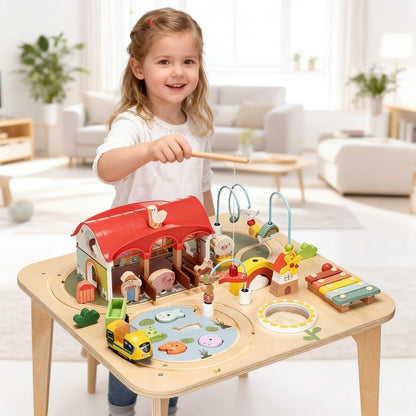 9-in-1 Holz Aktivitätstisch für Kleinkinder mit Bauernhof Motiv