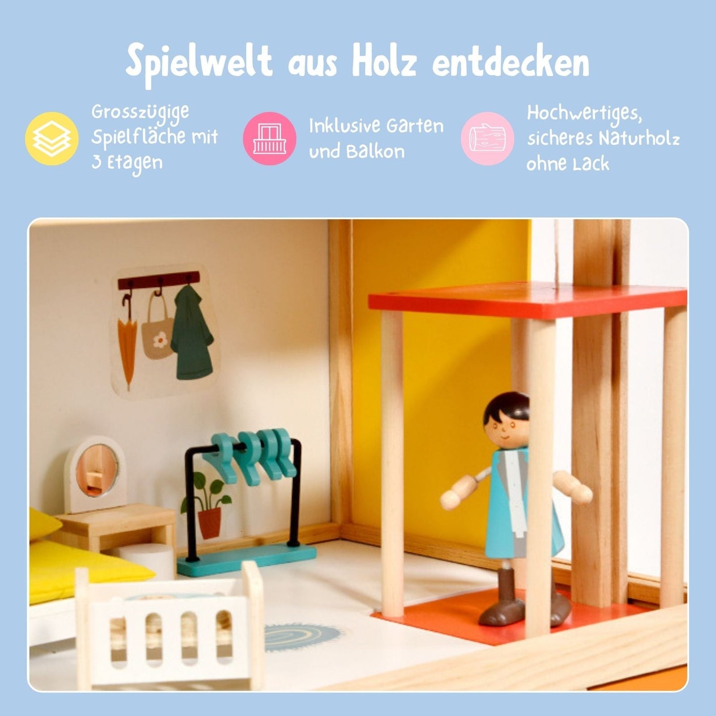 Holz Puppenhaus offen – 2 Etagen mit Möbeln