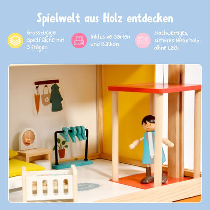 Holz Puppenhaus offen – 2 Etagen mit Möbeln
