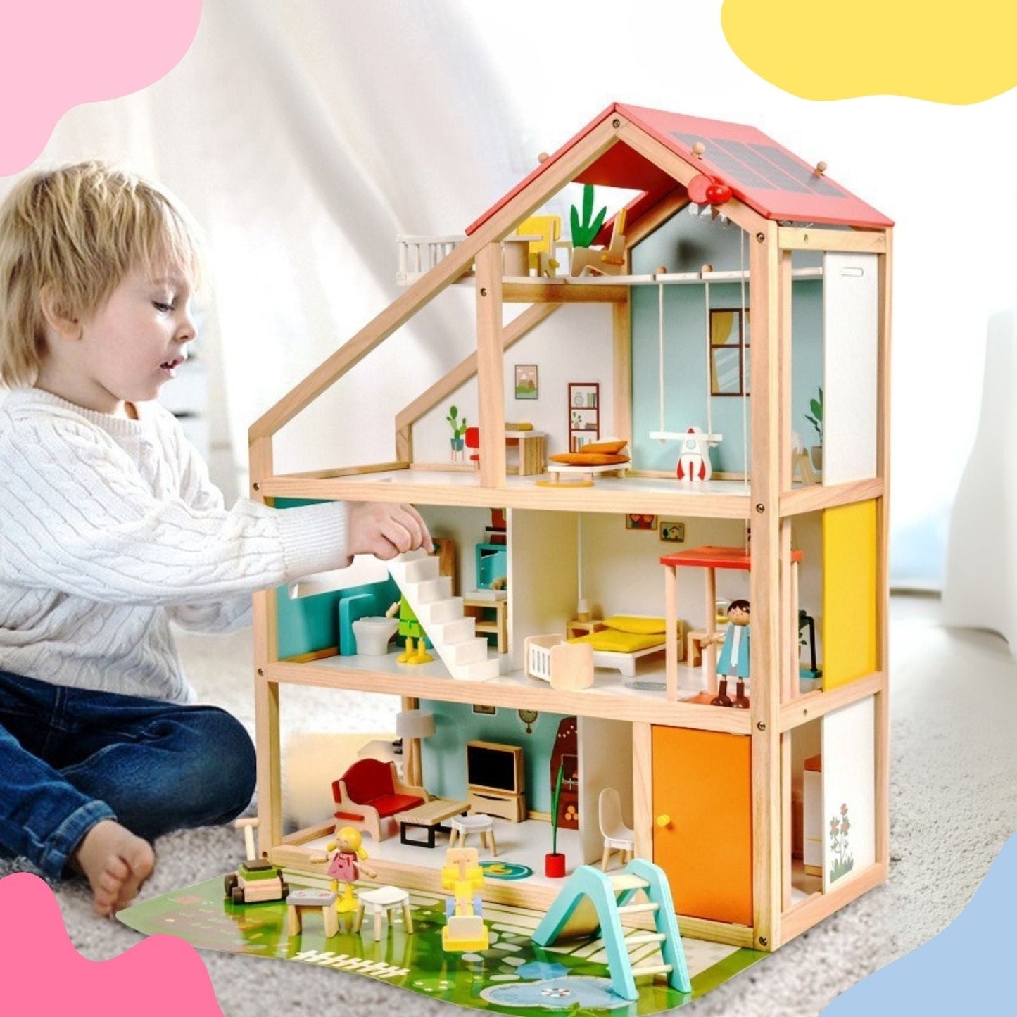 Holz Puppenhaus offen – 2 Etagen mit Möbeln