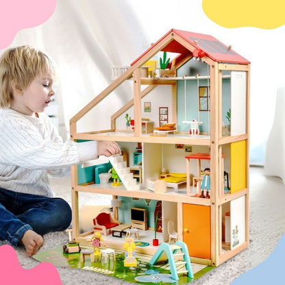 Holz Puppenhaus offen – 2 Etagen mit Möbeln