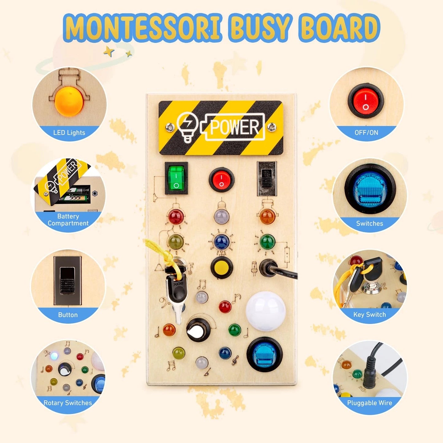 Montessori Busy Board Schalttafel – Ideal für unterwegs