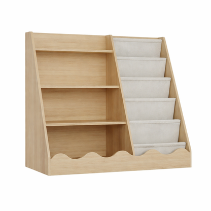 Montessori Bücherregal für Kinder – 4 Etagen Holzregal mit Stofffächern