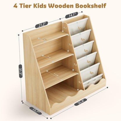 Montessori Bücherregal für Kinder – 4 Etagen Holzregal mit Stofffächern