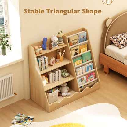 Montessori Bücherregal für Kinder – 4 Etagen Holzregal mit Stofffächern