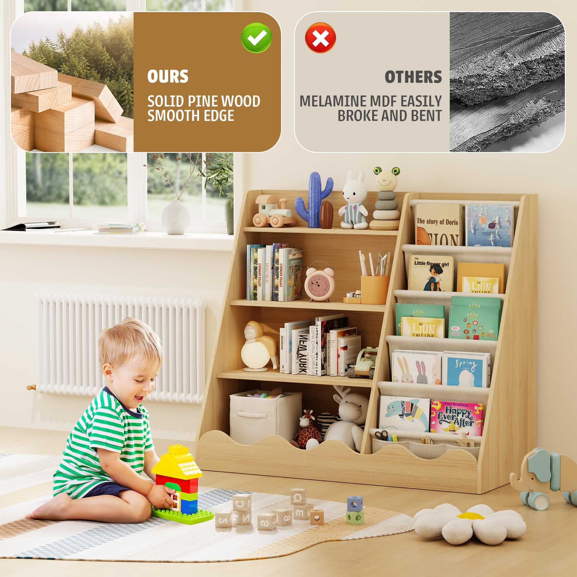 Montessori Bücherregal für Kinder – 4 Etagen Holzregal mit Stofffächern